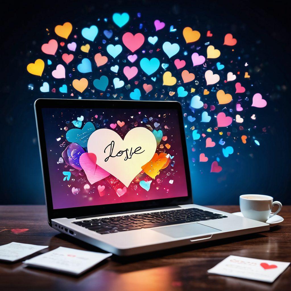 A digital canvas bursting with colorful hearts and handwritten love letters, elegantly floating among virtual elements like chat bubbles and emojis. The scene encapsulates both romance and technology, with a soft glow around the letters symbolizing warmth and connection. Include a vintage typewriter paired with a sleek laptop to represent the blend of traditional and modern love. Capture the essence of online dating romance in a dreamy and whimsical style. vibrant colors. super-realistic.