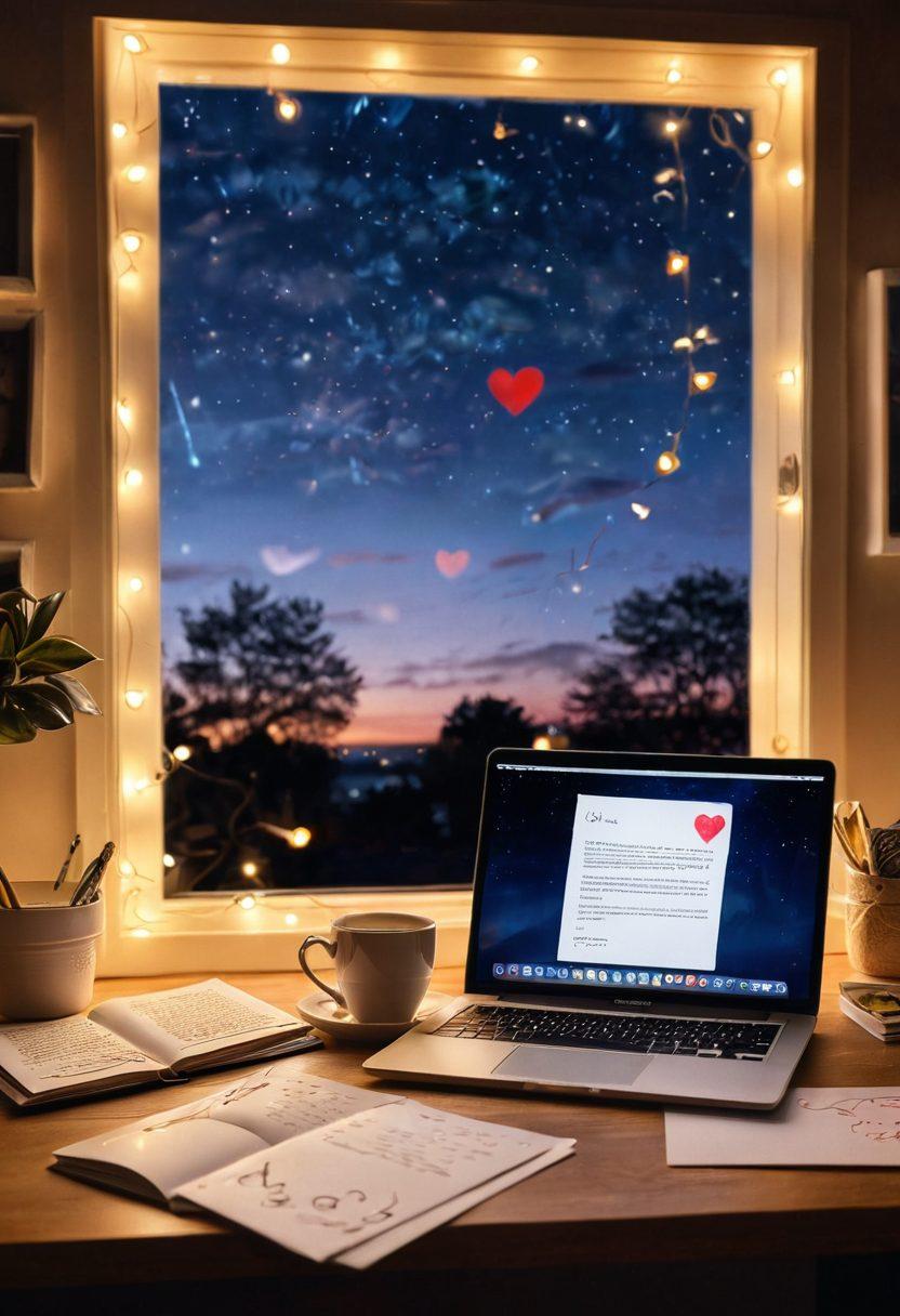 A cozy digital workspace with a glowing laptop displaying a love letter on the screen, surrounded by handwritten notes, heart-shaped stickers, and soft fairy lights. A steaming cup of tea sits beside it, symbolizing warmth and connection. The background features subtle hints of a starry night sky, representing intimacy and distance. Emphasize a warm color palette to evoke feelings of love and comfort. super-realistic. vibrant colors. cozy atmosphere.