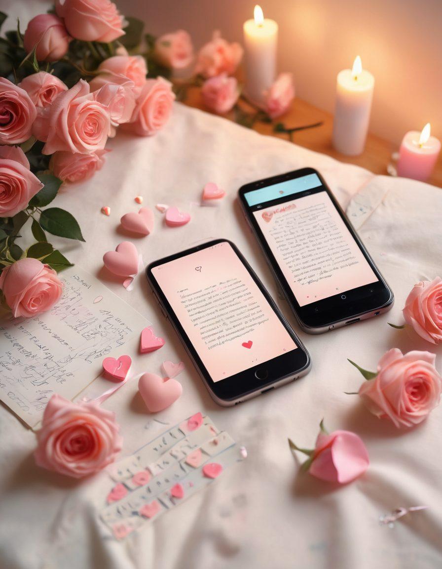 A cozy scene featuring two smartphones illuminated by soft, warm light, surrounded by handwritten letters and delicate roses. Floating hearts and gentle digital icons represent connection and intimacy. A dimly lit background adds warmth and depth to the atmosphere, evoking feelings of love and tenderness. super-realistic. pastel colors. soft focus.